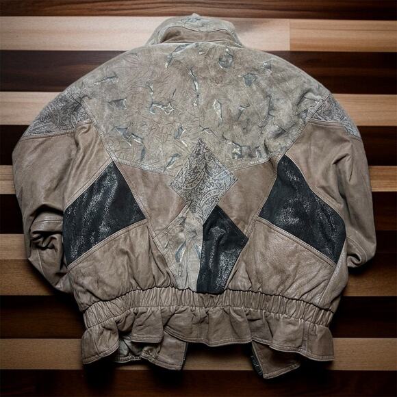 VINTAGE 80s Winlit Patchwork Leather Jacket Size M Western Bomber Jacket Printed - Picture 2 of 8